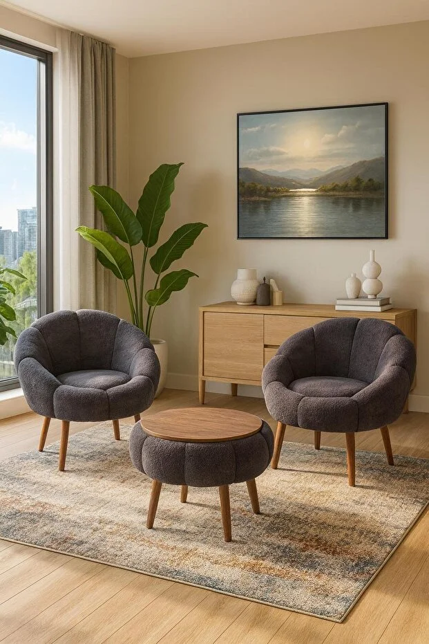 LİDA Antrasit Wellsoft Peluş Kumaş İkili Berjer Seti ÖZEL SEHPALI (Salon, Balkon, Ofis)